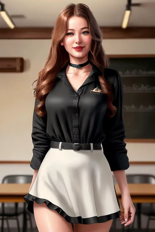 photo of beautiful (annaginger:0.99), a woman, (cowboy shot, waist, hips, thighs):1.2), school room, chalkboard, smiling, (collared dress shirt, white shirt, choker, black skirt), ((dark red hair, red lipstick, smile)) (natural light, ((masterpiece):1.2) (...