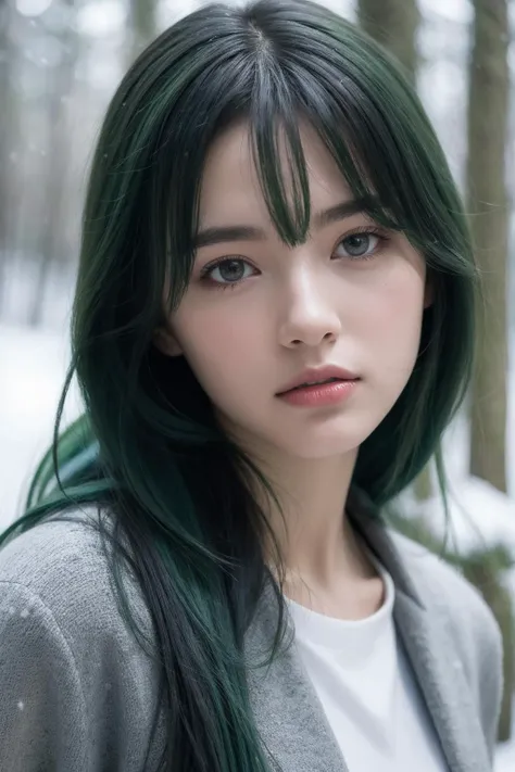 (realistic), (hyperrealism),best quality, masterpiece,ultra high res, (photorealistic:1.4),young girl,(looking at viewer),snowy forest,green hair,upper body,