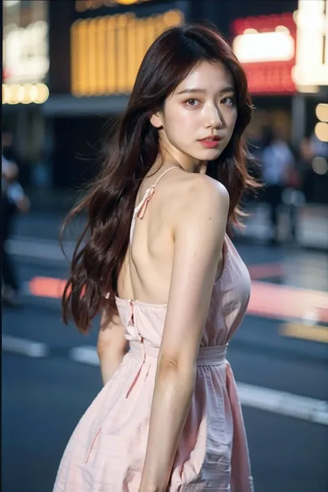 a close up of a woman in a pink dress on a city street