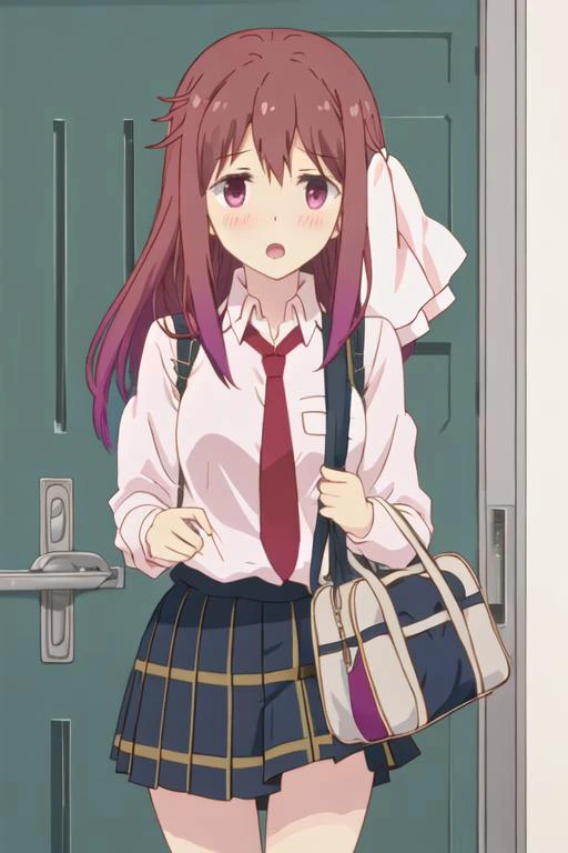 best quality, masterpiece, highres, solo, {haruka_takayama_sakuratrick:1.15}, blush, brown_hair, long_hair, ribbon, hair_ribbon, necktie, purple_eyes, red_hair, 1girl, school_uniform, open_mouth