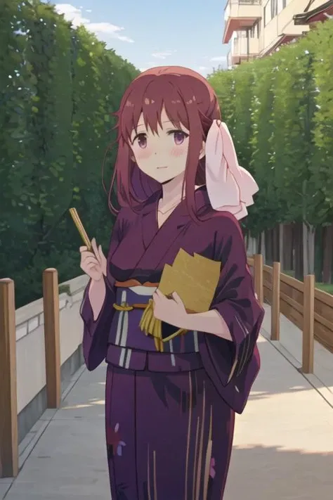 best quality, masterpiece, highres, solo, {yukata:1.40}, {kimono:1.20}, {haruka_takayama_sakuratrick:1.15}, blush, brown_hair, long_hair, ribbon, hair_ribbon, necktie, purple_eyes, red_hair