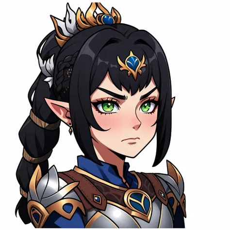 <lora:Style_ChibiEmote:1> ((disgust)) closeup, <lora:Char_bg3-ShadowheartbyDocS-LYCO:0.8> dsshadowheart, black hair, long hair, ponytail, bangs, braid, hair ornament, pointy ears, green eyes, circlet, armor, silver breastplate, silver pauldrons