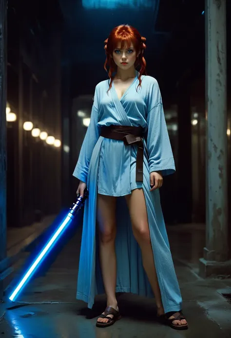 a woman in a blue robe holding a blue light saber