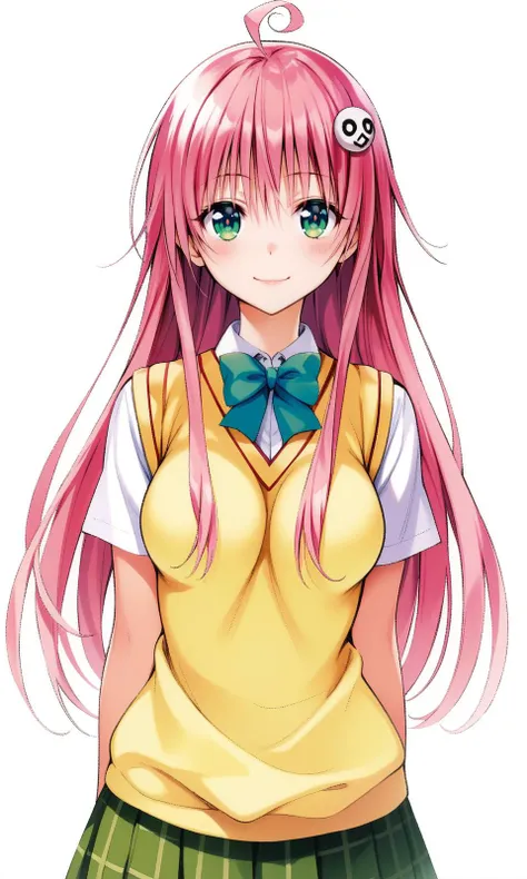 a girl with pink hair and green eyes wearing a yellow shirt