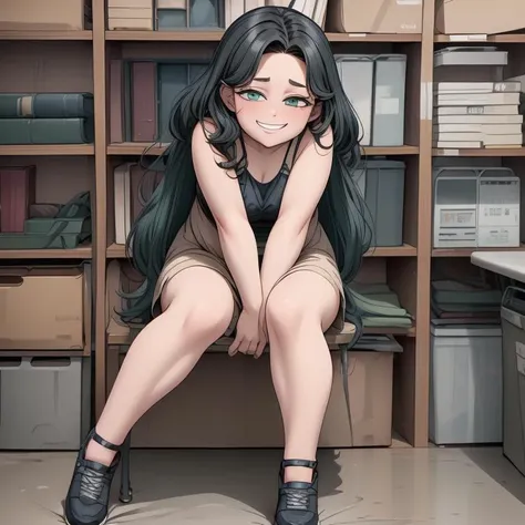 anime girl sitting on a chair in a room with bookshelves