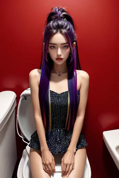 a close up of a woman with purple hair sitting on a toilet