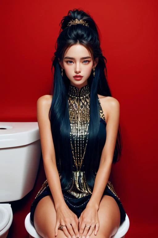 a woman sitting on a toilet with a necklace on her neck