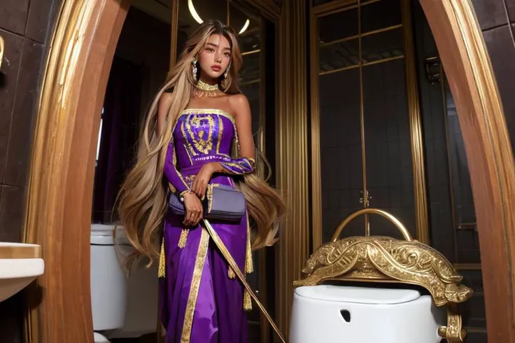 araffe in a purple dress with horns and a sword in a bathroom