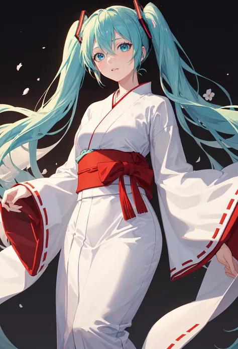 best quality, masterpiece, highres, solo, (hatsune_miku_bluearchive:1.10), (white kimono:1.35), (red hakama:1.35), (wide sleeves:1.20), 28 <lora:hatsune_miku_bluearchive:0.80>