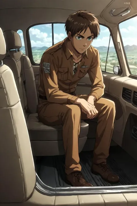 score_9, score_8_up, score_7_up, score_6_up, score_5_up, score_4_up, BREAK source_anime, 1boy, solo, male focus, full body, <lora:Eren_Yeager_PonyXL:0.88>, eren_yeager, brown hair, green eyes, burglar costume, car interior, <lora:sdxl_lightning_8step_lora:...