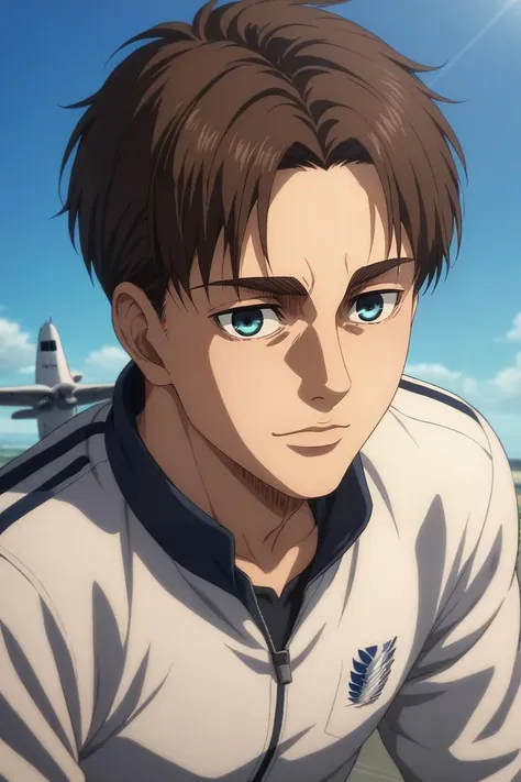 a man with brown hair and blue eyes standing in front of a plane