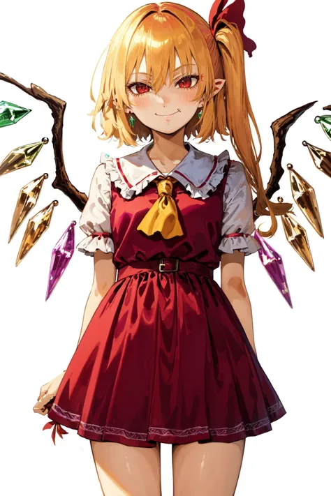 (1girl, one girl), (solo:1.3), (flandre_scarlet:1.3), blonde_hair, red_eyes, (smug:1.3), BREAK
standing, thighs, flat_chest, BREAK
red frilled_dress, BREAK
(white_background, simple_background:1.3), BREAK
best quality, masterpiece, detailed background, hig...