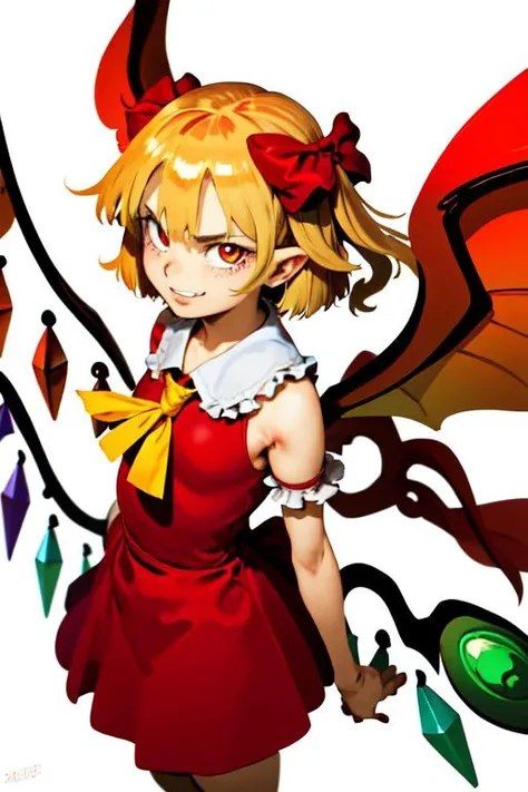 1990s (style), retro artstyle,
masterpiece, best quality, highres,
(1girl, one girl), (solo:1.3), (flandre_scarlet:1.3), blonde_hair, red_eyes, (smug:1.3), BREAK standing, thighs, flat_chest, BREAK red frilled_dress, BREAK (white_background, simple_backgro...