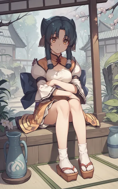 anime girl sitting on a bench with a cat in her lap