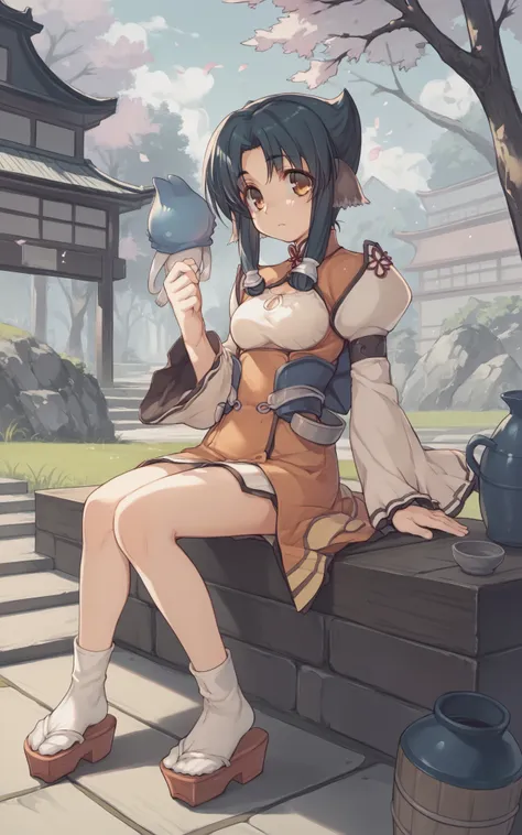 anime girl sitting on a bench with a tea pot and tea pot