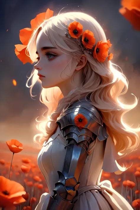 a woman in armor and flowers stands in a field of poppies