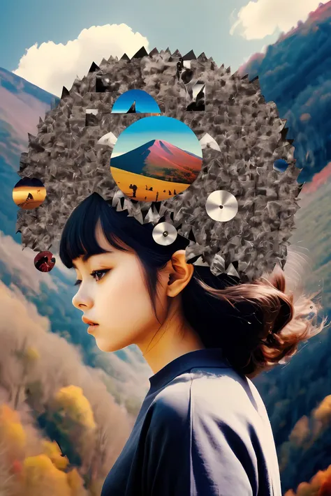 a woman with a large head full of many objects in her hair