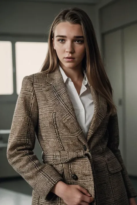 photo of K3ndr4Sund3rl4nd_HM-140, a woman, perfect hair, (modern photo), wearing tweed coat, blouse, khaki pants, 70mm standard (analog, cinematic, film grain:1.3), Mars Colony Hospital, Medical facility with advanced equipment, surgical theaters, and spec...