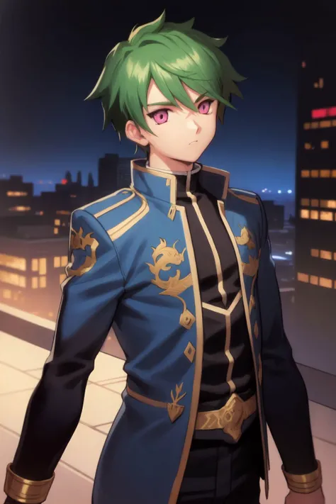 upper body, solo, 1boy, male, looking at viewer, dark green hair, drop fade, pink eyes, blue jacket, night <lora:fujishima_kousuke_style_v04:1>