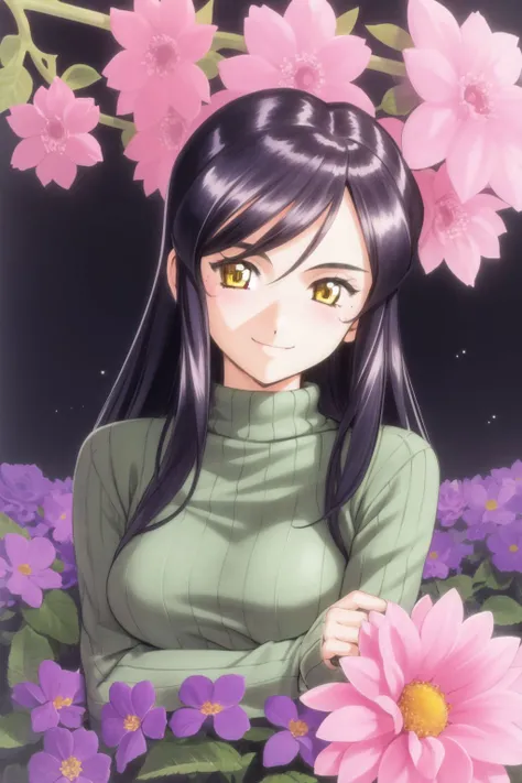 marker (medium), solo, 1girl, looking down, smile, blush, medium breasts, dark purple hair, okappa, yellow eyes, beautiful detailed face, ultra detailed eyes, light grey aran sweater, night, Wolfsbane (flower), floral background <lora:fujishima_kousuke_sty...