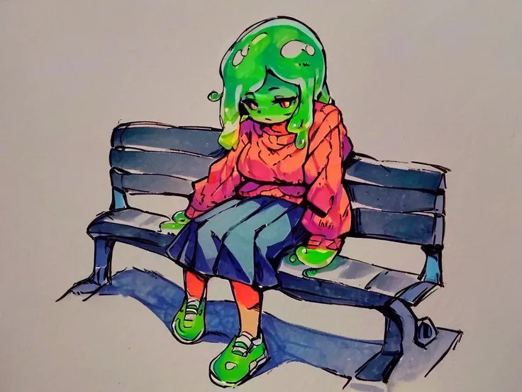 score_9, score_8_up, score_7_up, score_6_up, score_5_up, score_4_up, source_anime, slime girl, slimegirlsfw, 1girl, solo, sweater, new york subway, sitting on bench, looking at passing train, traditional art, marker drawing