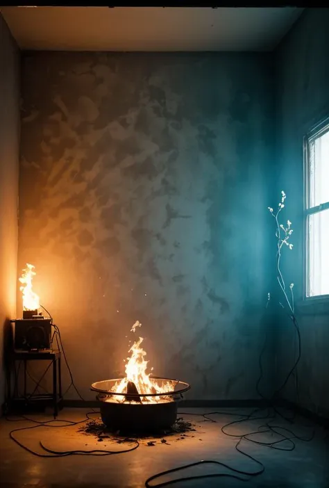 there is a fire in a pot in a room with a window