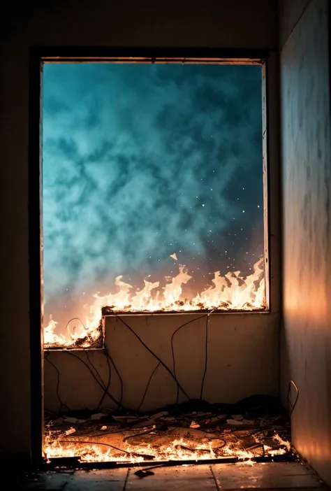 a close up of a fire burning in a room with a window