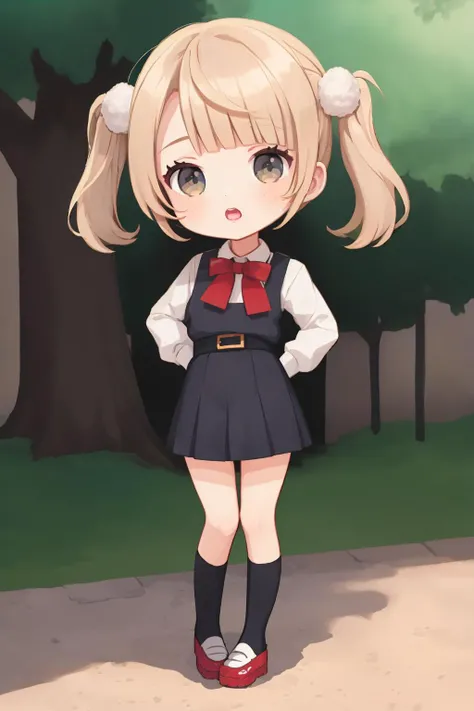 ((((ultra illustrated style:1.0)))),best quality,best animated,masterpiece,ray tracing, global illumination,school uniform,chibi,1girl, solo, standing,full body, looking at viewer, outdoors,hands on hips, 
 <lora:Shigure Ui-000008:0.8><lora:chibi-000005:0....