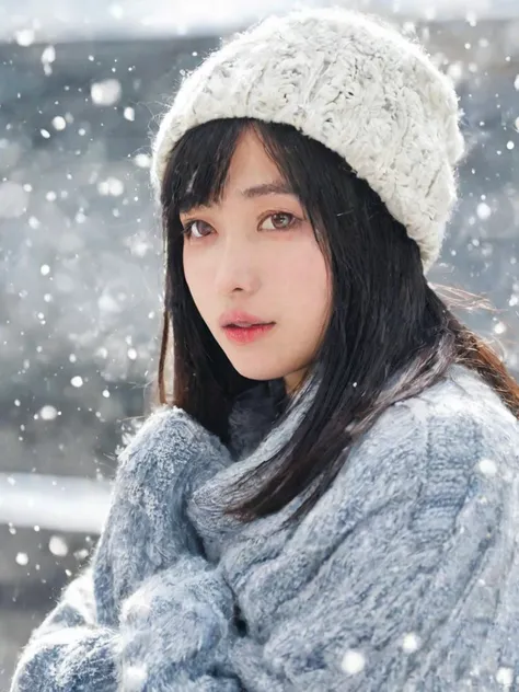 Hashimoto Kanna,1girl,professional,highly detailed,long hair,cinematic_angle,looking_at_viewer,in winter,sweater,wool cap,face close-up,snowing,
<lora:kanaV11:0.75>