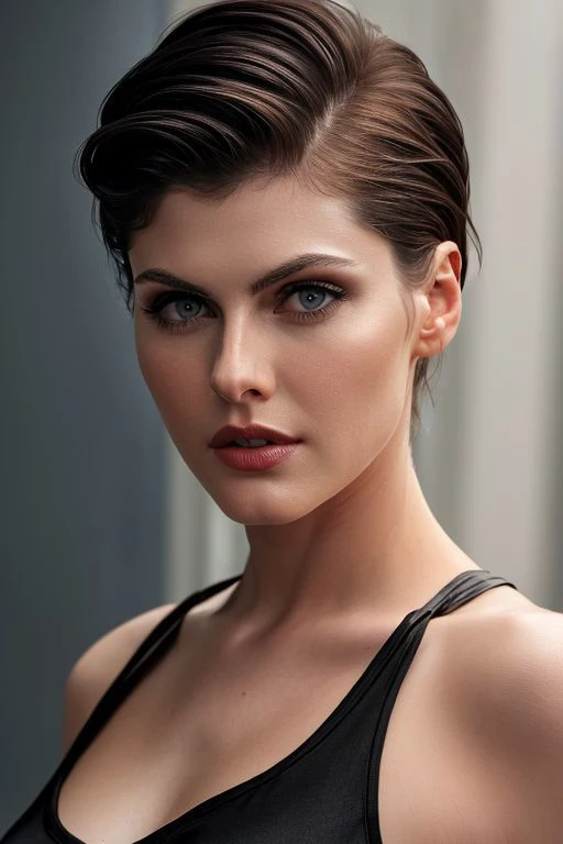 (CR-Alex4ndr4Daddario-summer4love263:0.9), face closeup photo of woman in gradient black background, (slick undercut hair:1.0), (oiled shiny skin:1.0),
8k UHD highres, high quality,