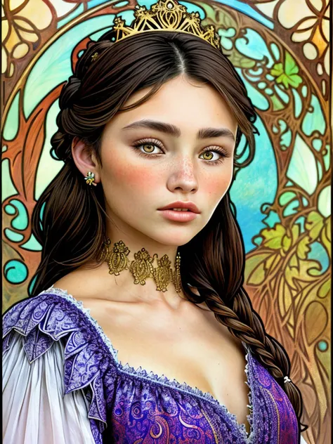 (nouveau style, ornamental, nature, highly detailed, Mucha style:1.15), <lora:sd15_locon_GiovannaScotti_24_v1-000012:.9> GiovannaScotti, focus on eyes, close up on face, pouting, hair styled as Straight French Braid Crown,