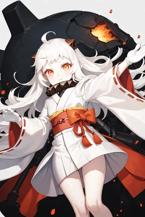 best quality, masterpiece, highres, solo, {white kimono:1.35}, {red hakama:1.35}, {wide sleeves:1.20}, {northern_ocean_hime_kantaicollection:1.15}, long_hair, white_hair, abyssal_ship, horns, mittens, white_skin, colored_skin, ahoge, red_eyes, pale_skin, o...