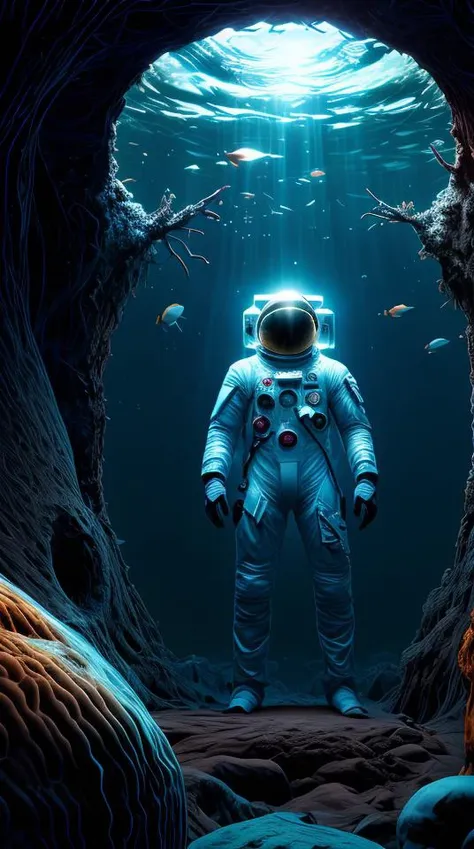 infrared concept art by craig mullins astronaut holds a black hole in his hands in futuristic dark and empty spaceship underwater. complex and hyperdetailed technical suit. mandelbulb fractal. reflection and dispersion materials. rays and dispersion of lig...