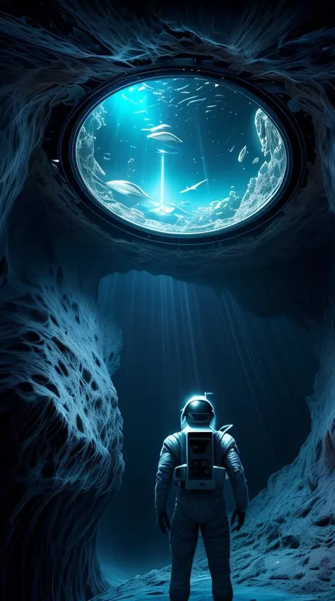 infrared concept art by craig mullins astronaut holds a black hole in his hands in futuristic dark and empty spaceship underwater. complex and hyperdetailed technical suit. mandelbulb fractal. reflection and dispersion materials. rays and dispersion of lig...