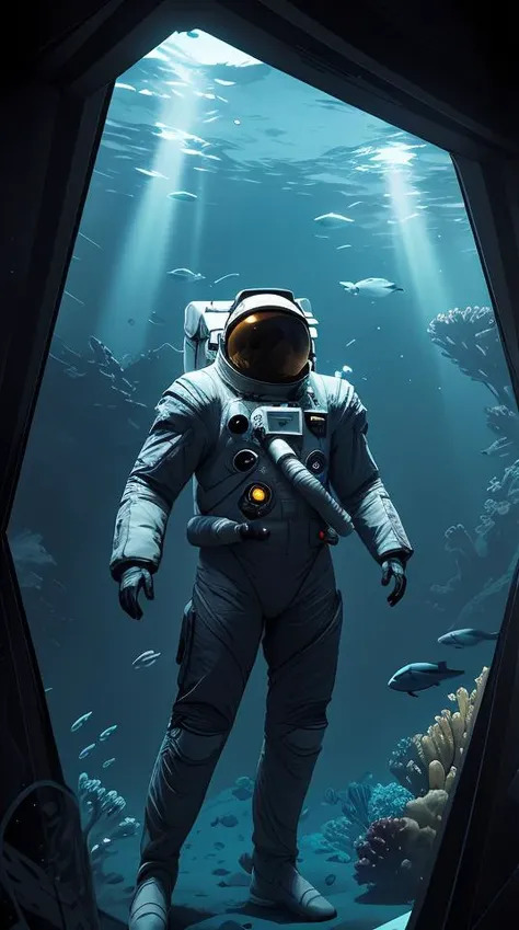 infrared concept art by craig mullins astronaut holds a black hole in his hands in futuristic dark and empty spaceship underwater. complex and hyperdetailed technical suit. mandelbulb fractal. reflection and dispersion materials. rays and dispersion of lig...