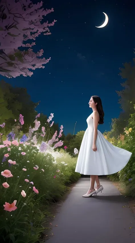 whitetown, 1girl, moon, dress, tree, crescent moon, flower, rabbit, white dress, night, butterfly, solo, bug, sky, nature<lora:whitetown-block:1>