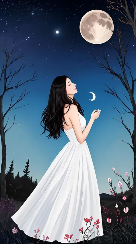 whitetown, 1girl, moon, dress, tree, crescent moon, flower, rabbit, white dress, night, butterfly, solo, bug, sky, nature<lora:whitetown-block:1>