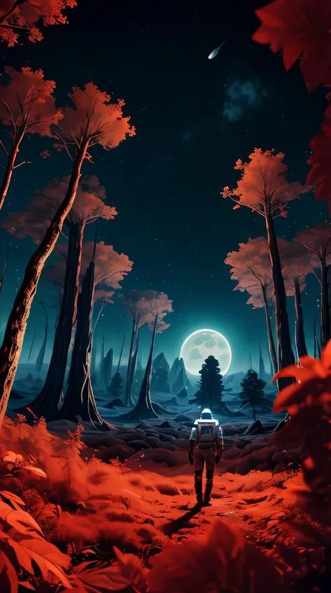 an astronaut with red armor, in a dense red forest, nomanssky style wallpaper,abstract dream, space, intricate, grand scale, alone, cinematic film still, insane detail, sharp focus, depth of field, realistic lighting, (realistic perspective), complex, (mul...