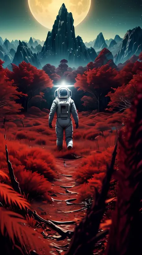 an astronaut with red armor, in a dense red forest, nomanssky style wallpaper,abstract dream, space, intricate, grand scale, alone, cinematic film still, insane detail, sharp focus, depth of field, realistic lighting, (realistic perspective), complex, (mul...