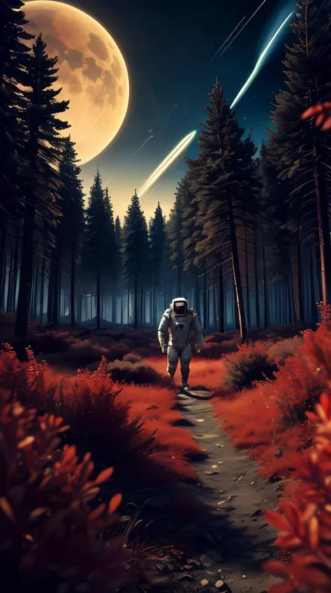 an astronaut with red armor, in a dense red forest, nomanssky style wallpaper,abstract dream, space, intricate, grand scale, alone, cinematic film still, insane detail, sharp focus, depth of field, realistic lighting, (realistic perspective), complex, (mul...