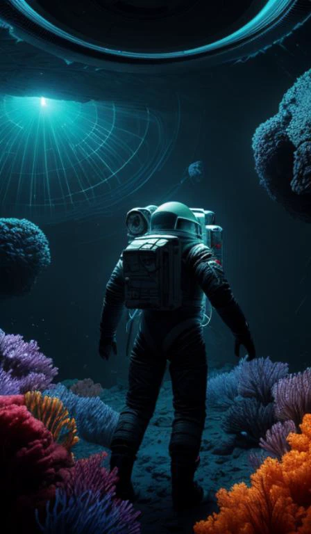 infrared concept art by craig mullins astronaut holds a black hole in his hands in futuristic dark and empty spaceship underwater. complex and hyperdetailed technical suit. mandelbulb fractal. reflection and dispersion materials. rays and dispersion of lig...