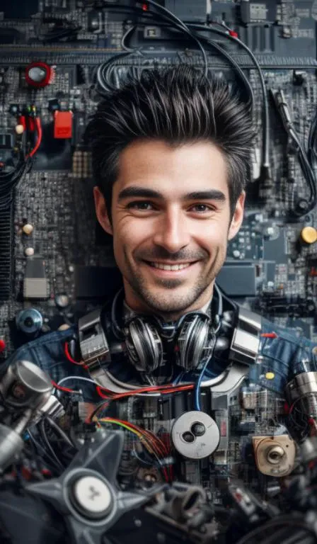 a close up of a man with headphones on and a computer circuit board