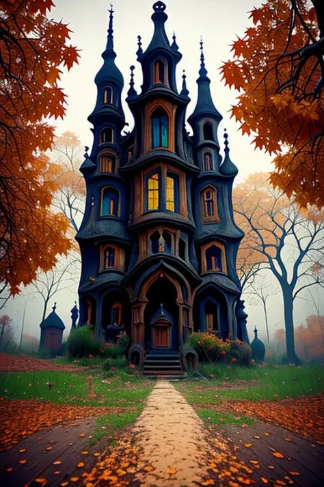 building, gothic, gothbuilding style, goth, horror, creepy, no humans, scenery, tree, house, autumn leaves, outdoors, autumn, window, blurry, leaf, depth of field, door, sky