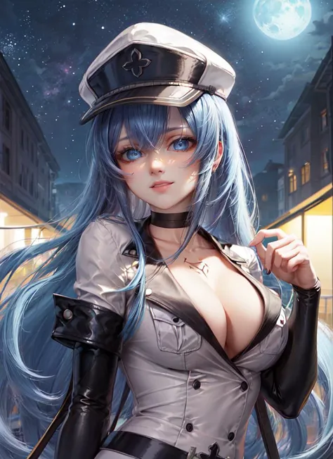 ((best quality)), ((highly detailed)), masterpiece, absurdres, detailed face, beautiful face, (detailed eyes, deep eyes), upper body, <lora:hairdetailer:1>, <lora:esdeath_VoidMen:1>, esdeath, akame ga kill!, blue eyes, blue hair, ((very long hair)), chest ...