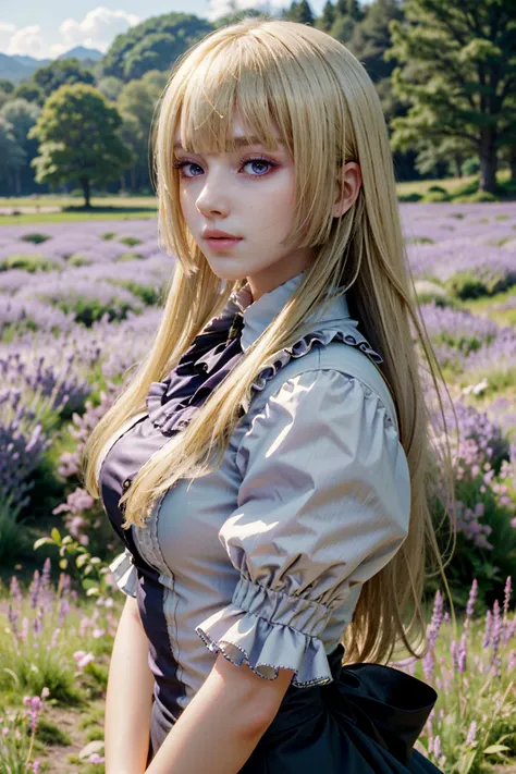 blond haired girl with long hair posing in a field of lavender