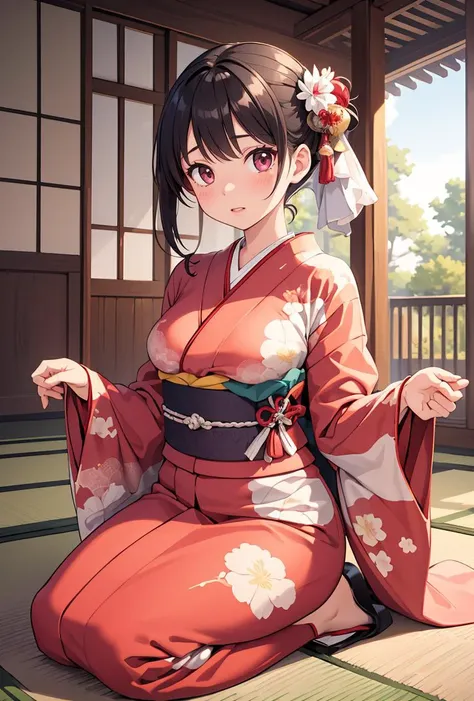 a woman in a kimono sitting on the floor with a flower in her hair