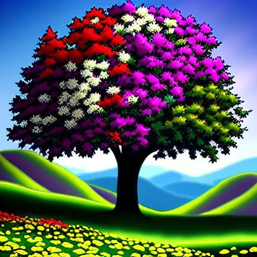 a painting of a tree with many colors in the middle of a field