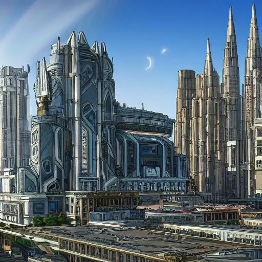 futuristic city with a train and a train station in the foreground