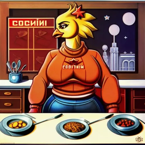 uploaded to e621,chicken,female,anthro,thick thighs,tail,kitchen,tall body,sweater,jeans,sitting on table,eyelashes,lips,detailed hands,Soviet propaganda, cubism, abstract, surreal
<lora:Soviet_propaganda:1>  <lora:cubism:0.5>