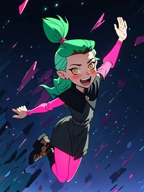 a cartoon girl with green hair and pink pants is flying through the air